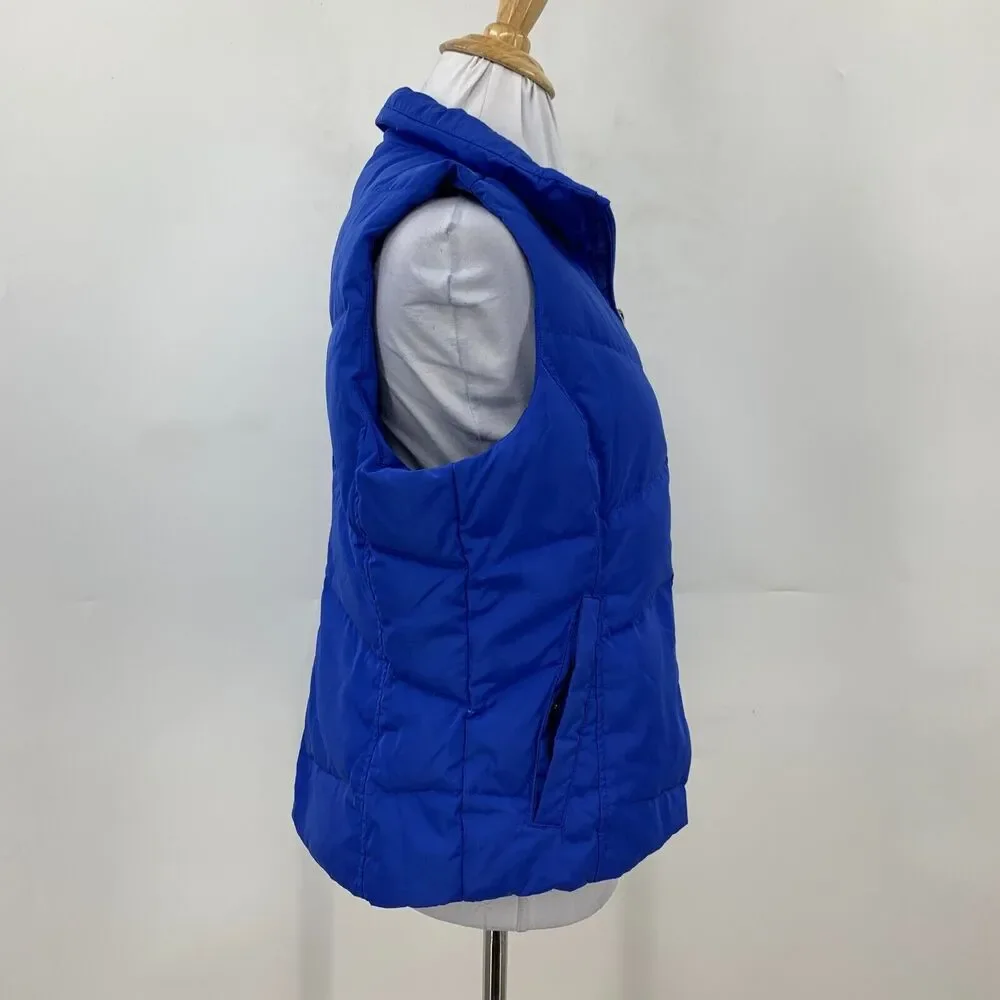 Lands End Down Puffer Vest Womens XS Extra Small Cobalt Blue Zip Up Snap Pockets